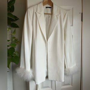 Belted Blazer with Feather Cuffs
